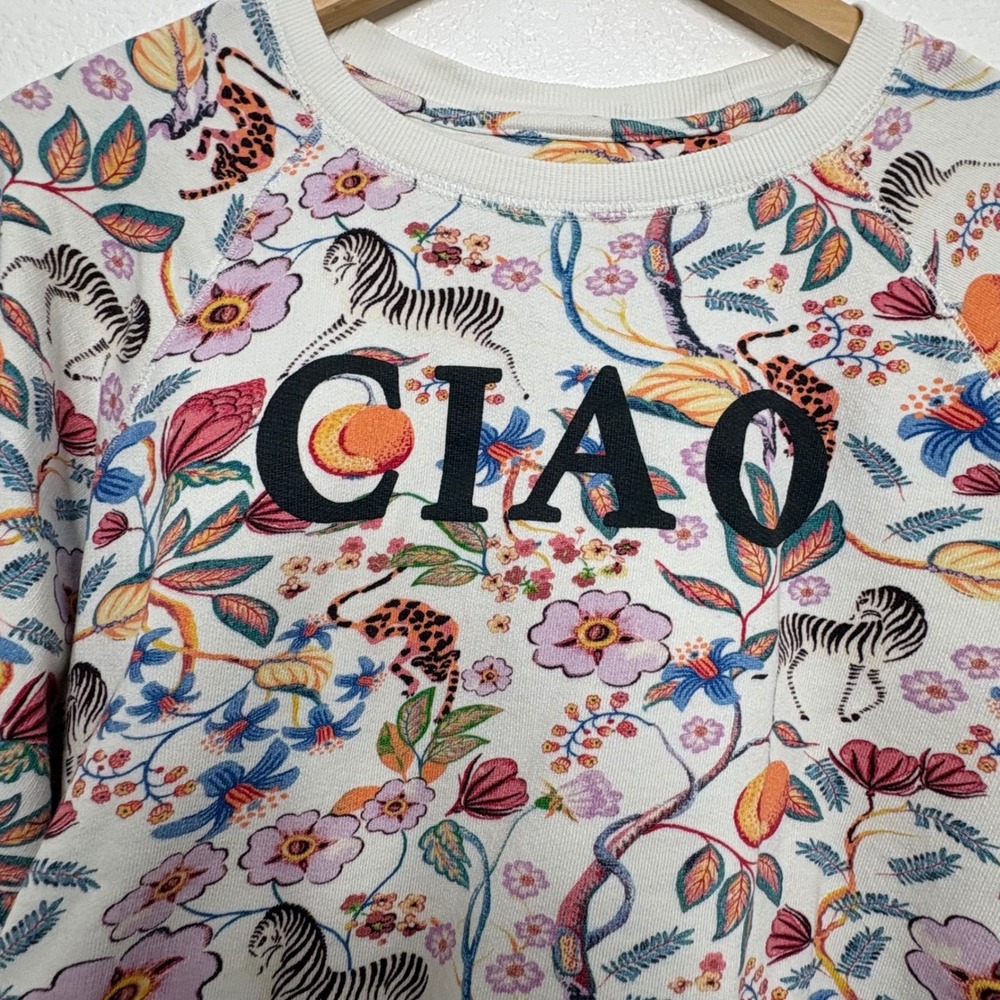 Maeve Anthropologie Ciao Graphic Sweatshirt XS White Floral Zebra Leopard - Picture 3 of 7
